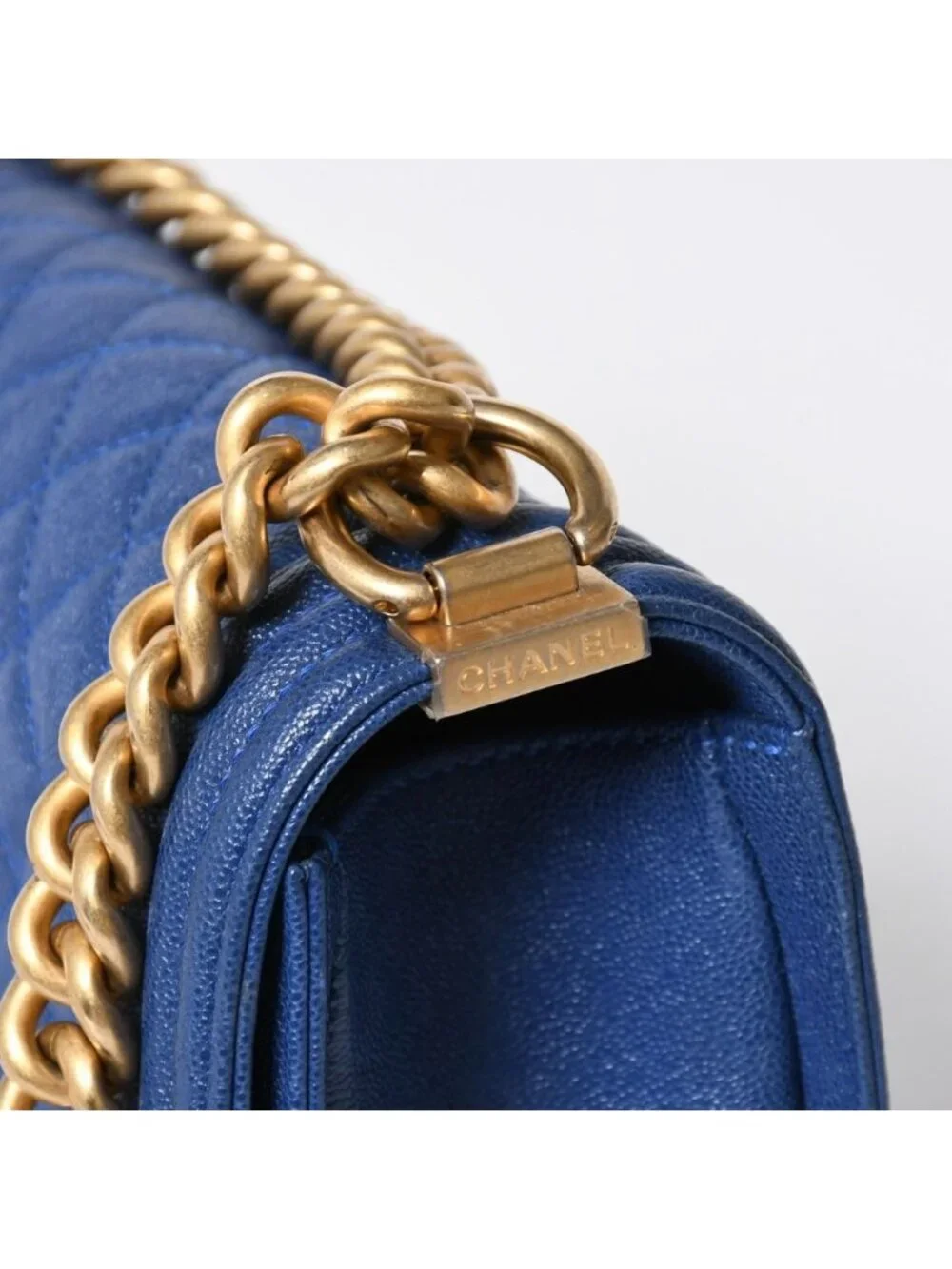 Chanel Boy Chain Shoulder Bag Blue Caviar Leather Gold